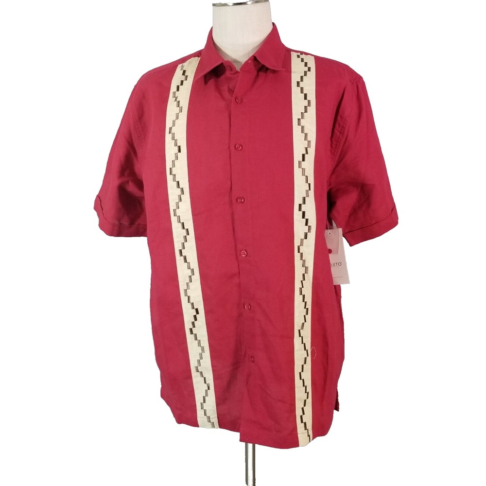 Mojito Button Up Mens XL Red Mojito Collection Retro Hawaiian Embroidered Linen